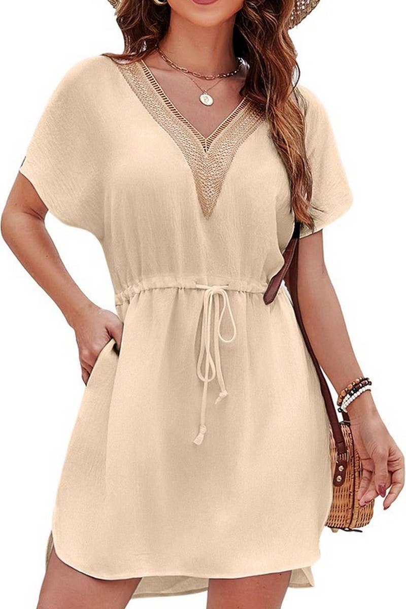 CWDSD8712_LACE TRIM V-NECK SMOCKED WAIST VACATION DRESS