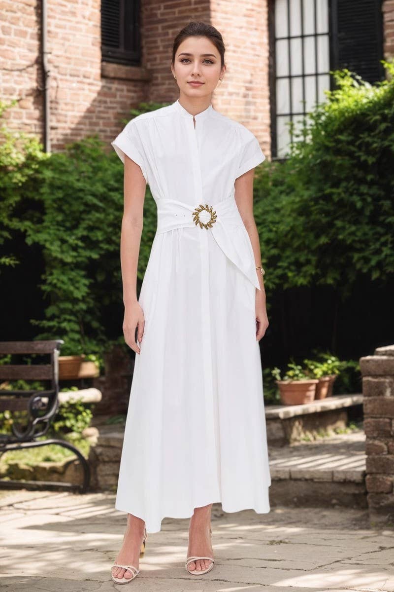 CWDMD6357_STAND COLLAR METALLIC BELTED WAIST TIE MAXI DRESS