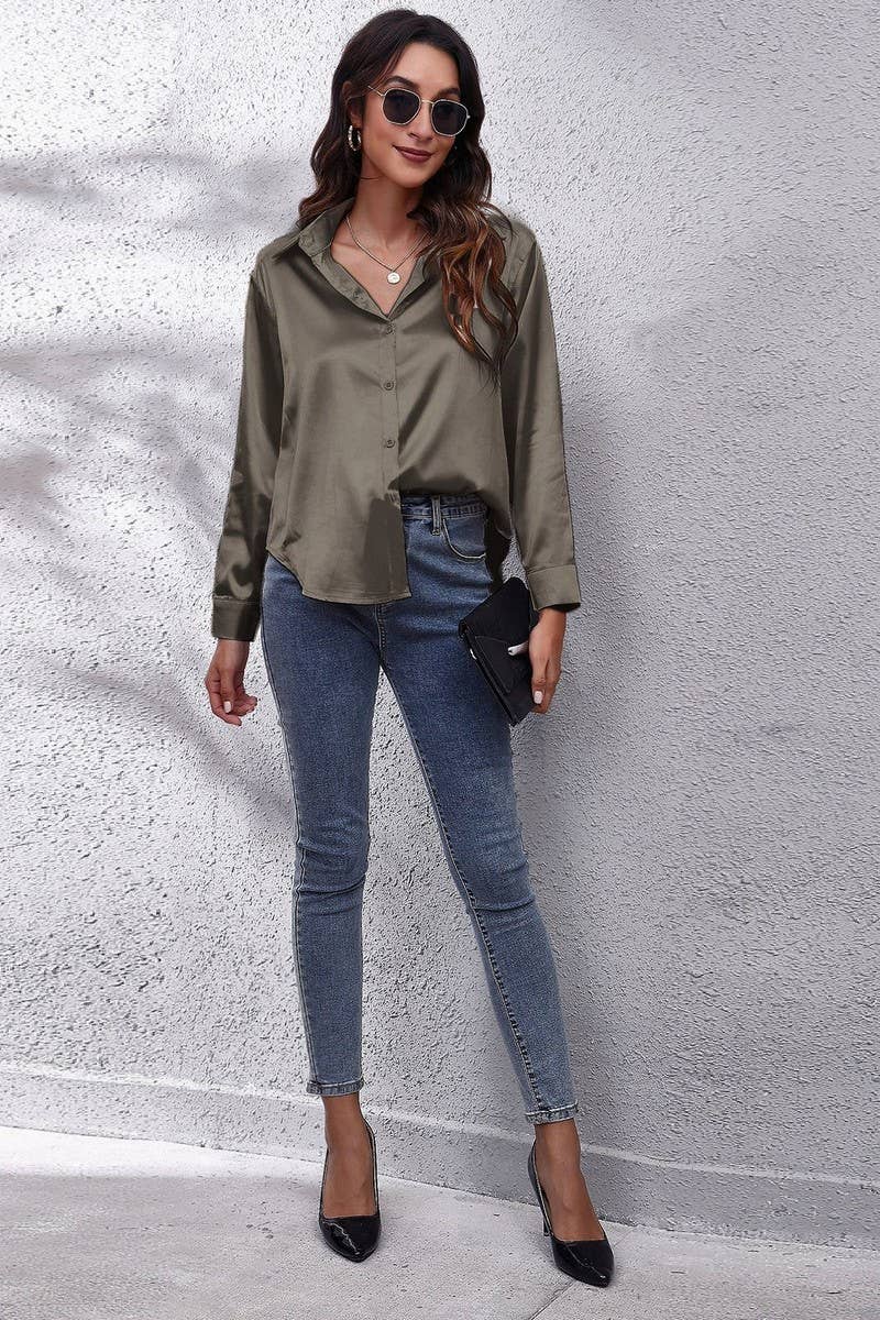 CWTBLL0691_Button Down Silky Satin Long Sleeve Top