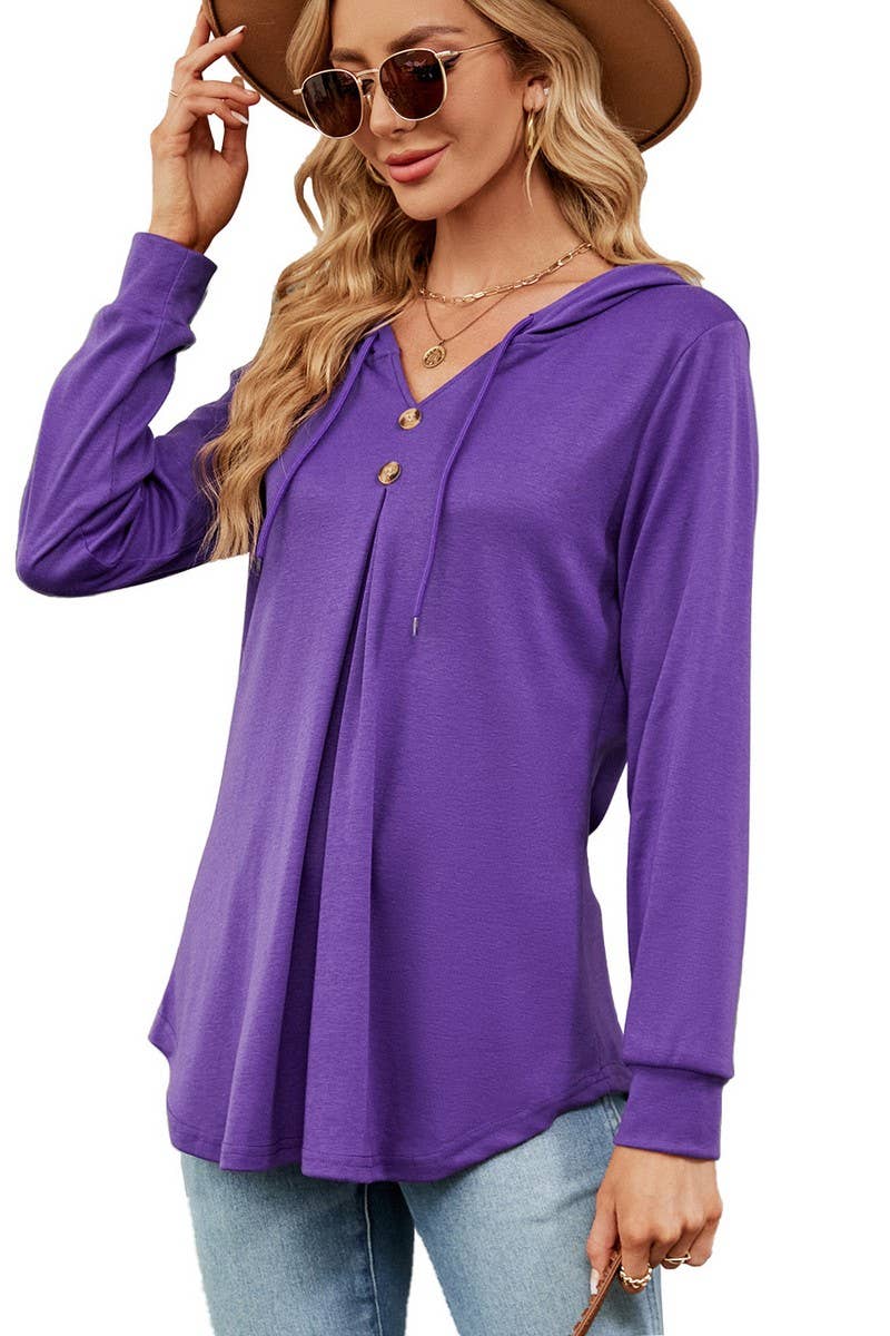 CWOHOL0932_SOLID COLOR V-NECK BUTTON HOODED LOOSE SWEATSHIRT