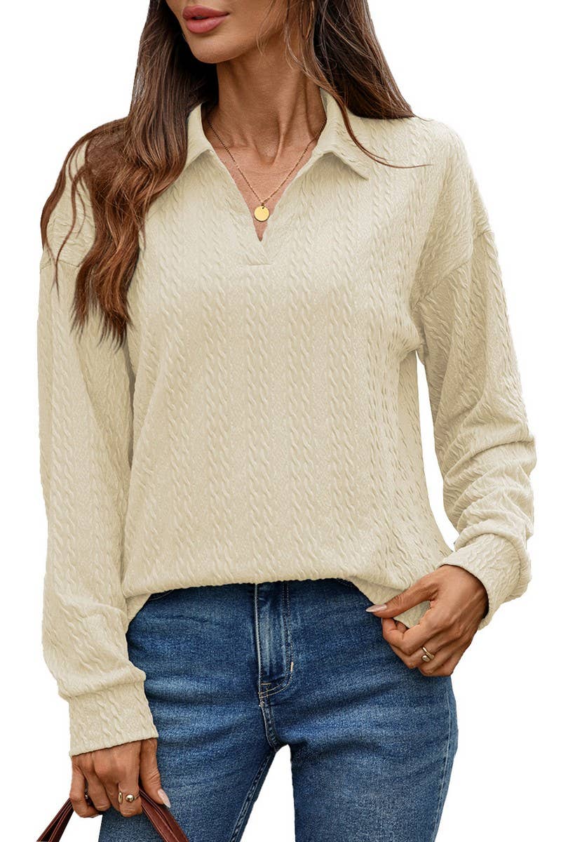 CWTBLL01307_V NECK CABLE KNIT SOLID LONG SLEEVE TEE