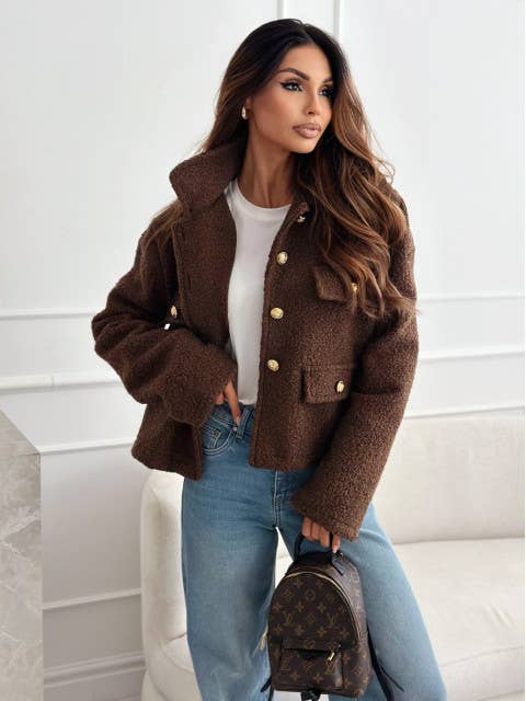 Fashionable solid-color lapel plush coat