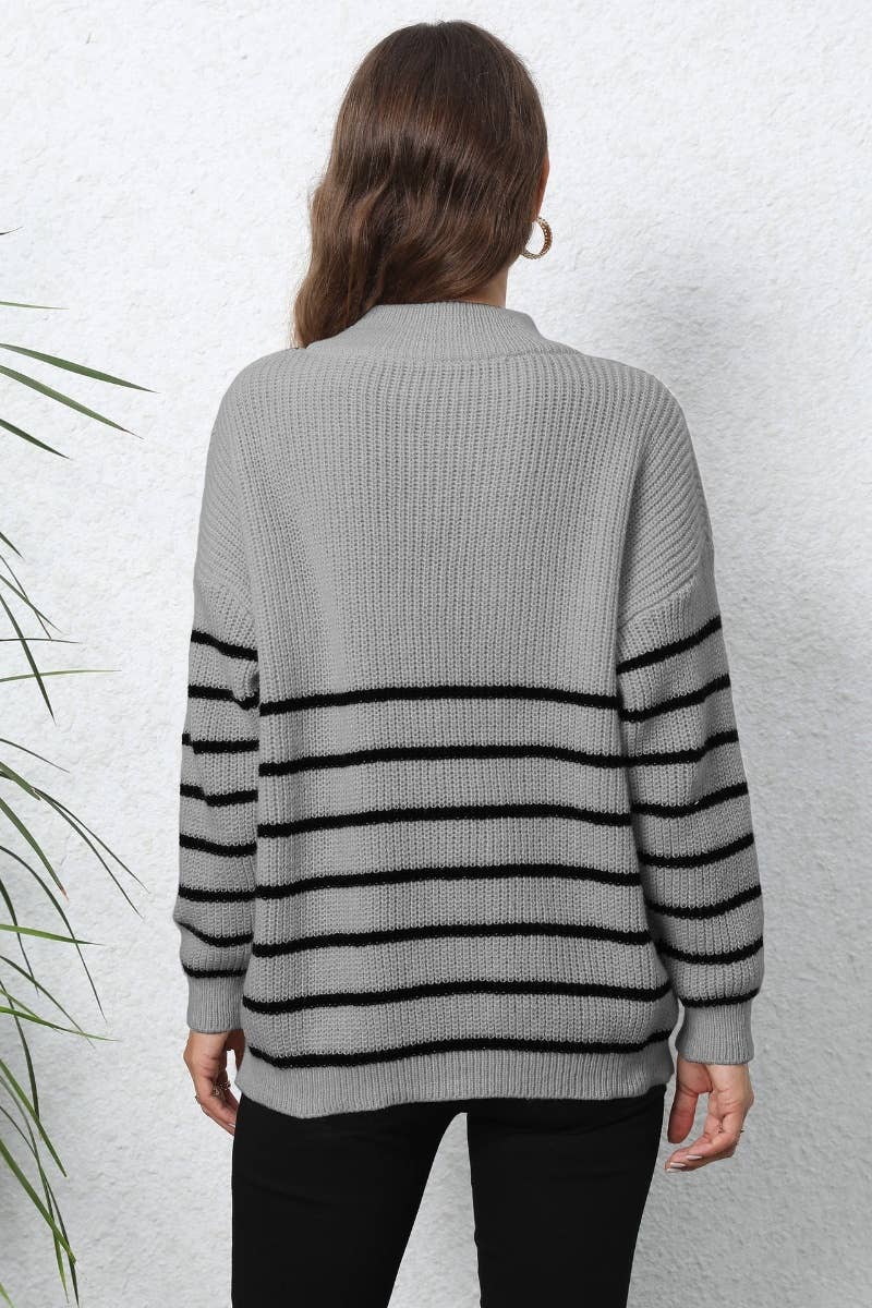 CWOSWL6730_KNIT ZIPPER STRIPED LONG-SLEEVED SWEATER