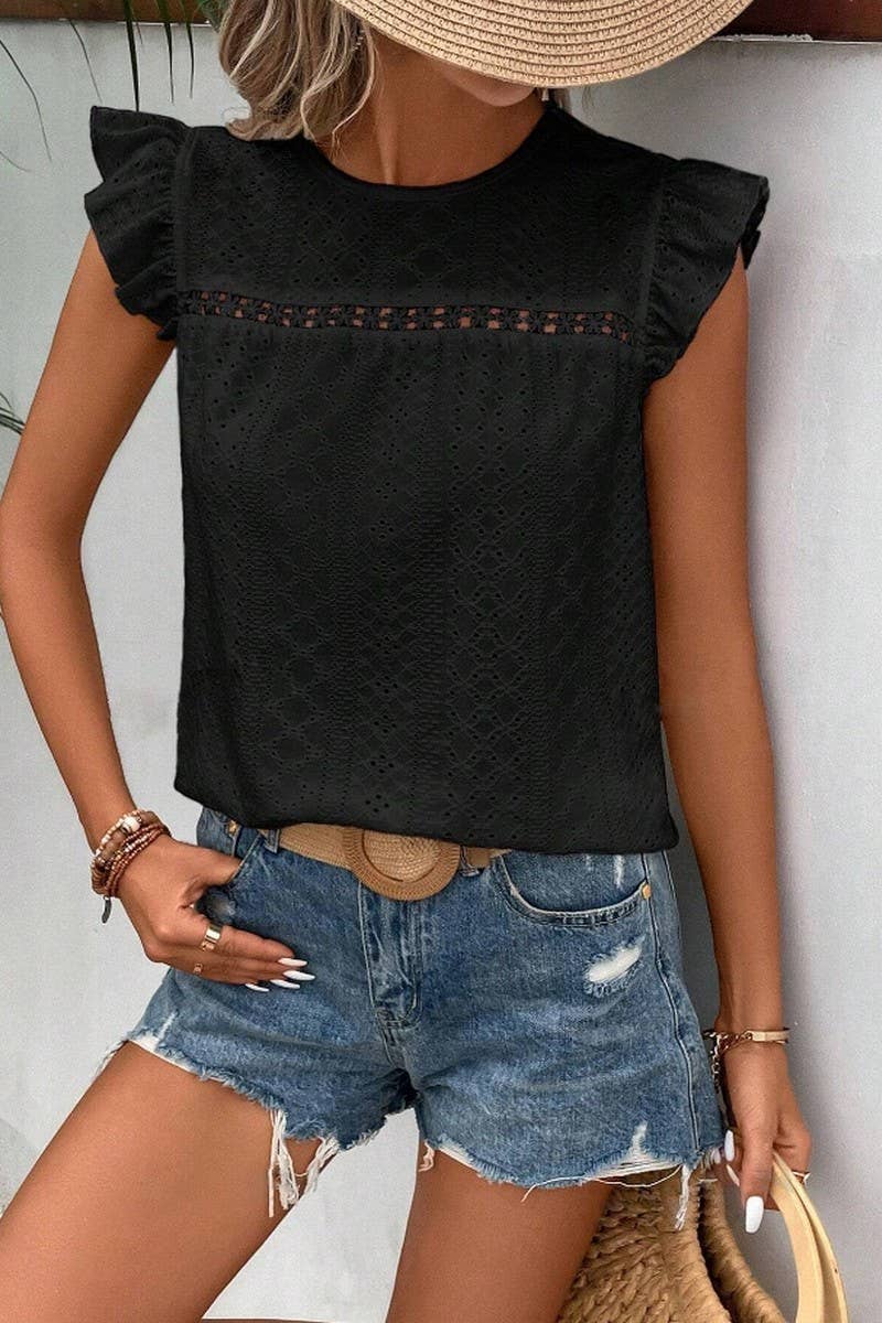 CWTBLS0605_ ROUND NECK LACE RUFFLE SHORT SLEEVE BLOUSE TOP