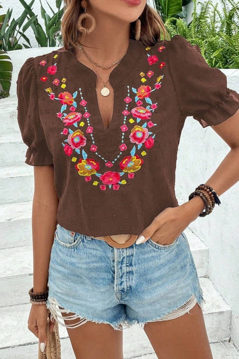 CWTBLS2270_V-NECK FLORAL EMBROIDERED PUFF SLEEVE CHIFFON TOP