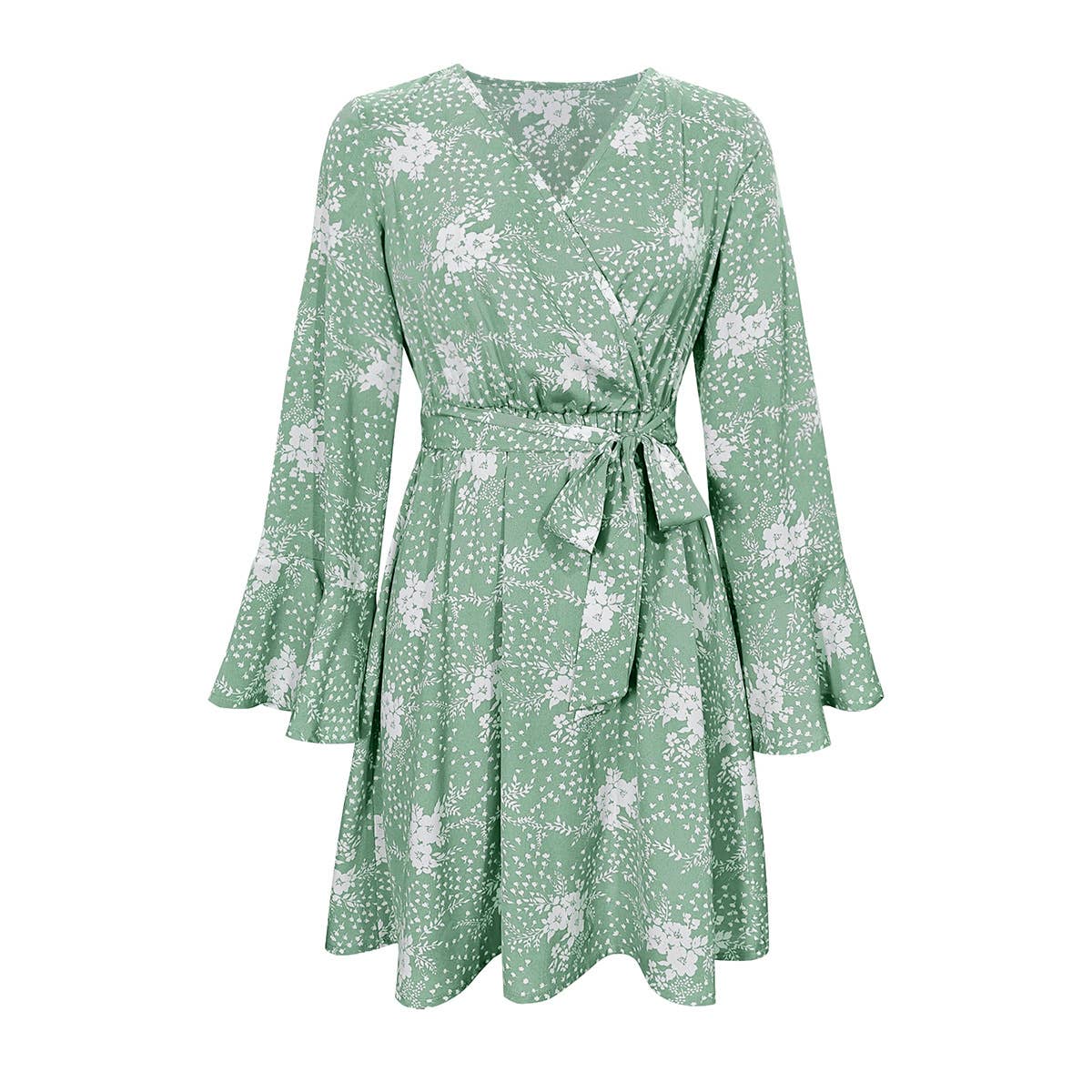 Flared sleeve V-neck printed long-sleeved dress