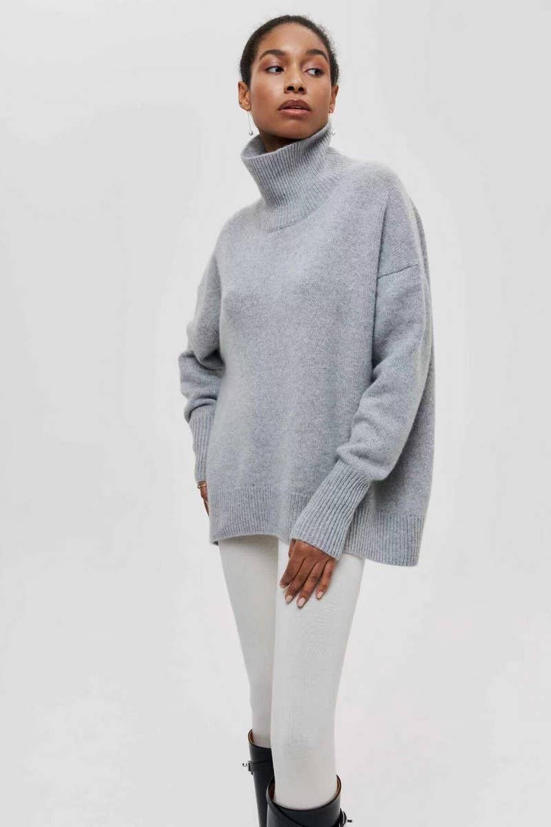 CWOSWL07646_SOLID COLOR LOOSE TURTLENECK KNITTED SWEATER