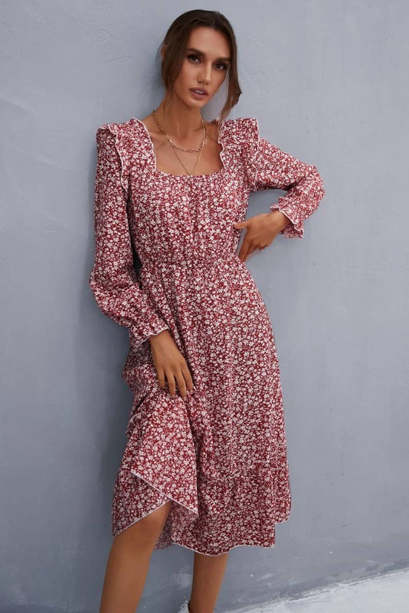 CWDSD2751_Sweetheart Neck Long Sleeve Print Dresses