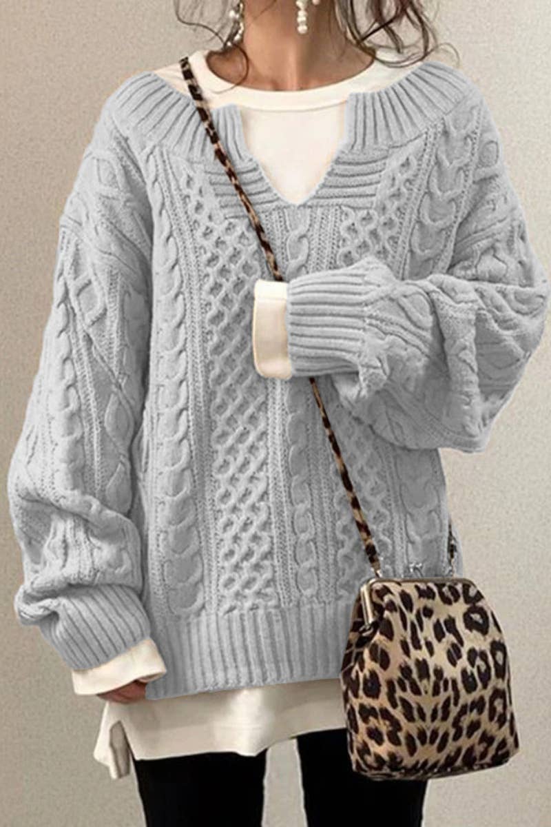 CWOSWL6645_CASUAL V-NECK LONG SLEEVE SWEATER WITH TWIST