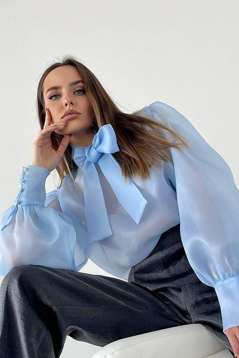 CWTSTL2579_PUFF SLEEVE BOWKNOT SEE-THROUGH LONG SLEEVE TOP