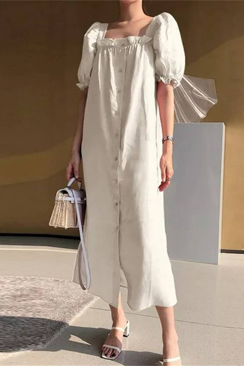 CWDMD3167_SQUARE NECK PUFF SLEEVE BUTTON PLEATED DRESS