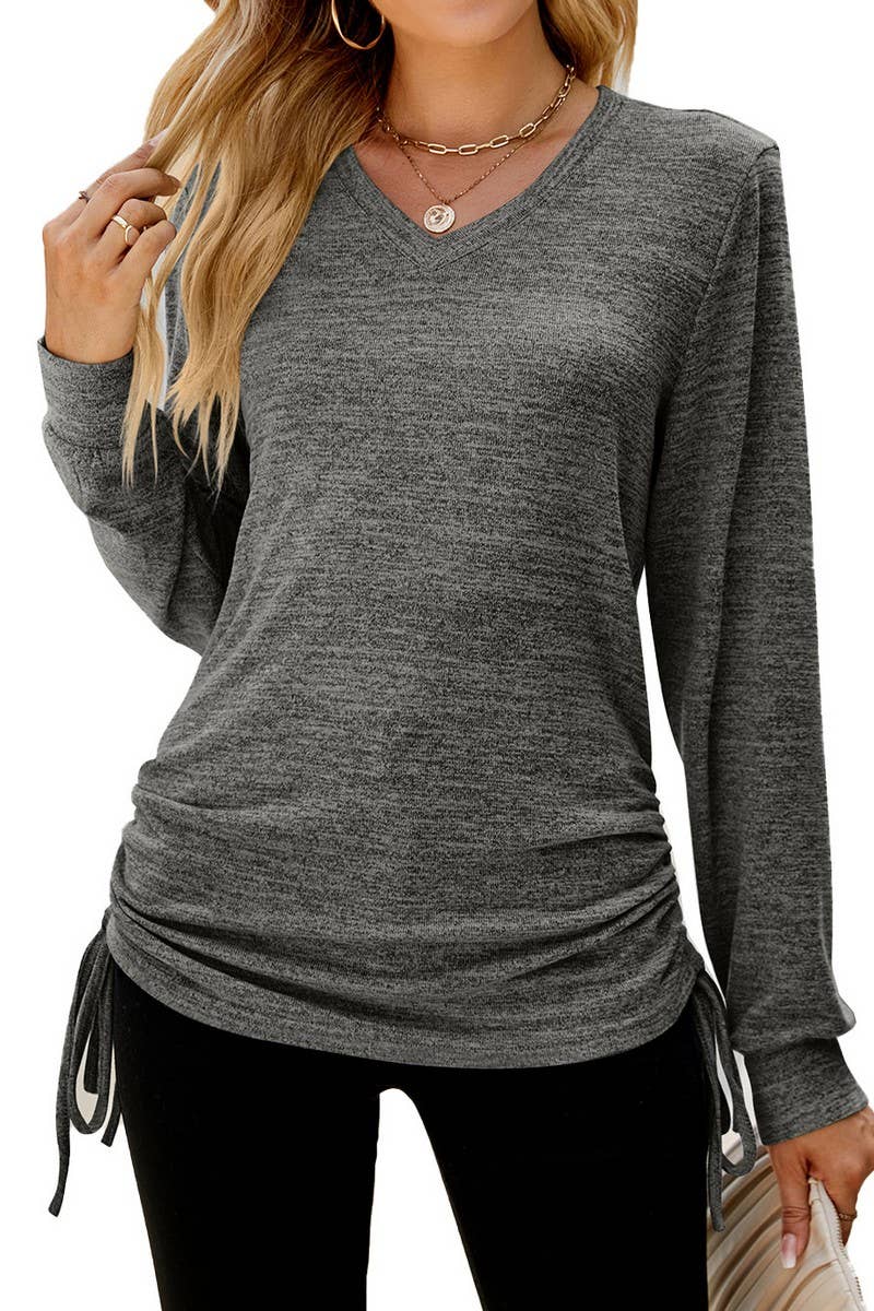 CWTBLL2405_SOLID COLOR LONG SLEEVE V-NECK PLEATED LOOSE TOP