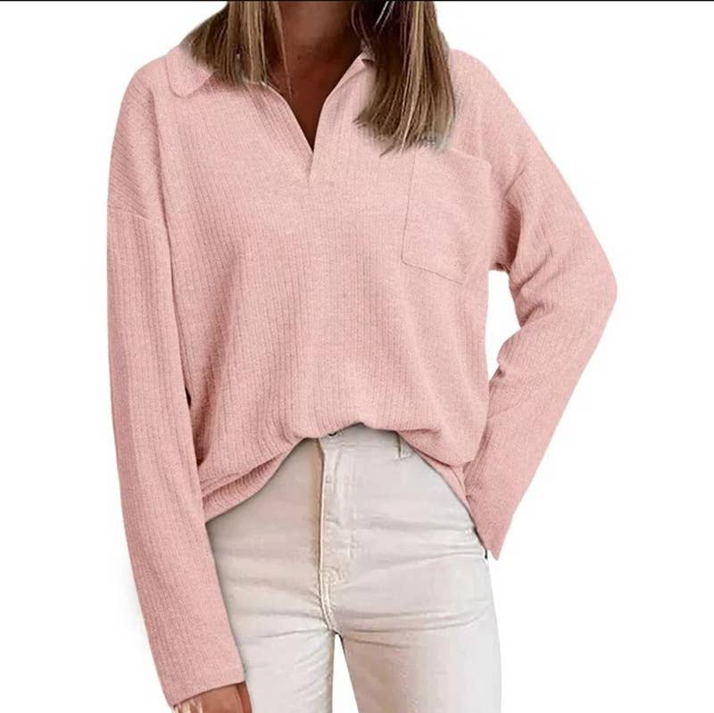 CASUAL BAGGY SOLID COLOR LAPEL POCKET SWEATER