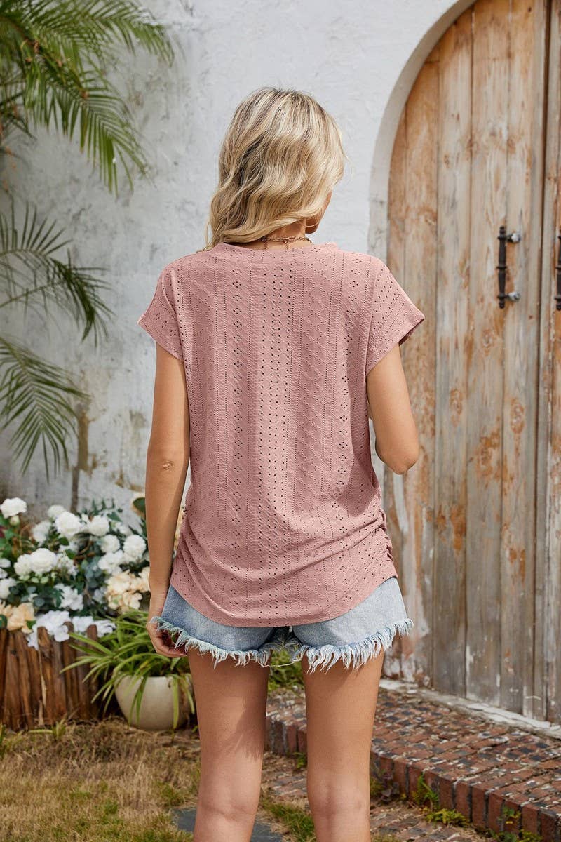 CWTBLS2283_V-NECK RUCHED SIDE POCKET SHORT SLEEVE TEE