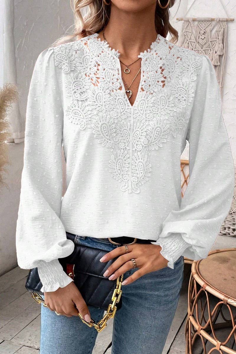 CWTTL2006_V-NECK LACE SOLID COLOR LONG-SLEEVED CASUAL TOP