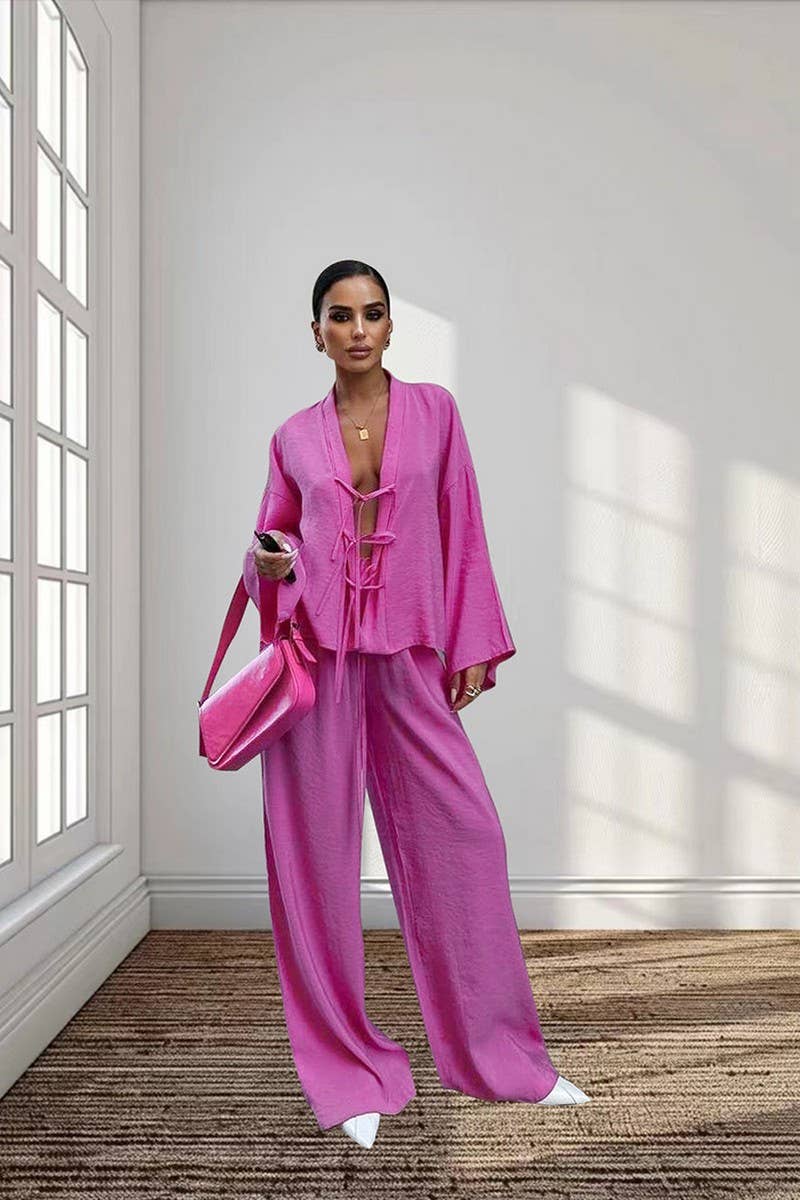 CWSPJ0370_SOLID COLOR LACE-UP CARDIGAN PAJAMA SET