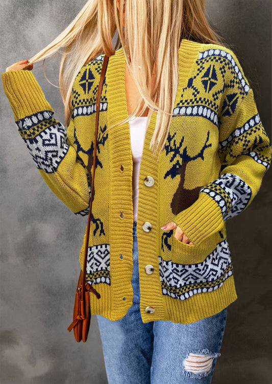 Christmas V-neck animal-printed knitted cardigan