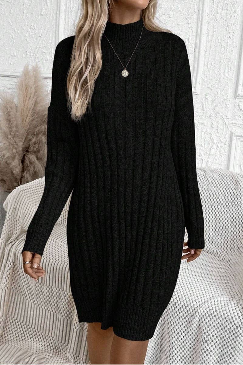 CWDSD10822_SOLID TURTLENECK LONG SLEEVE BODYCON KNIT DRESS