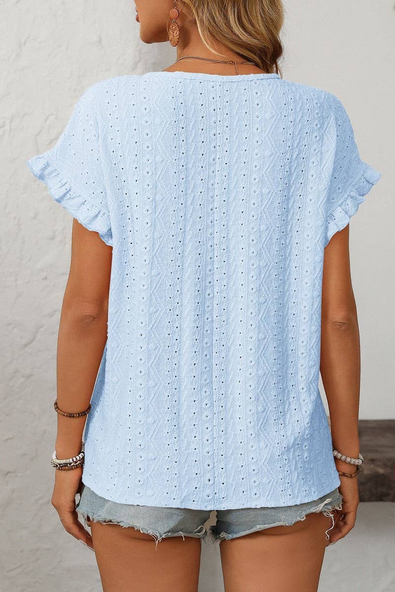 CWTBLS1710_SOLID COLOR ROUND NECK SHORT SLEEVE HOLLOW TOP