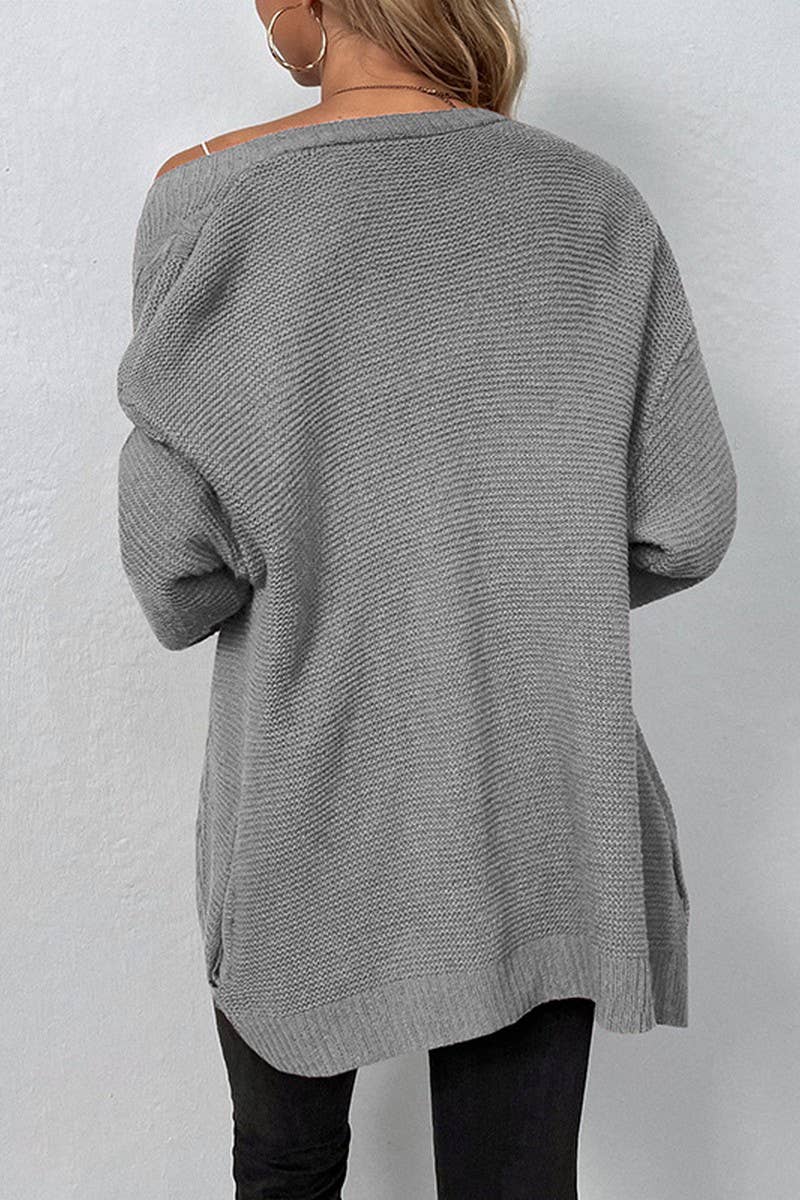 CWOSWL2936_SOLID COLOR CABLE KNITTED POCKET CARDIGAN