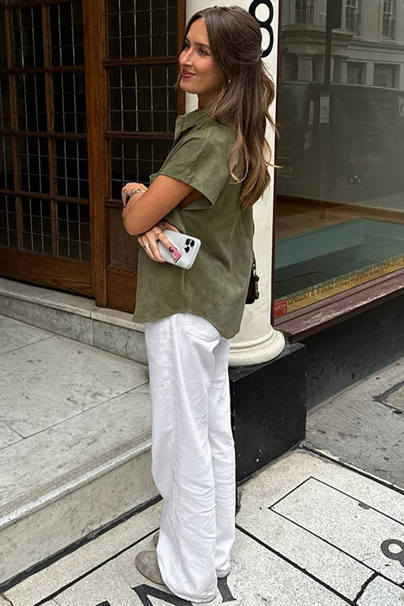 CWTBLS2356_RETRO GREEN LAPEL LOOSE SLEEVELESS SHIRT