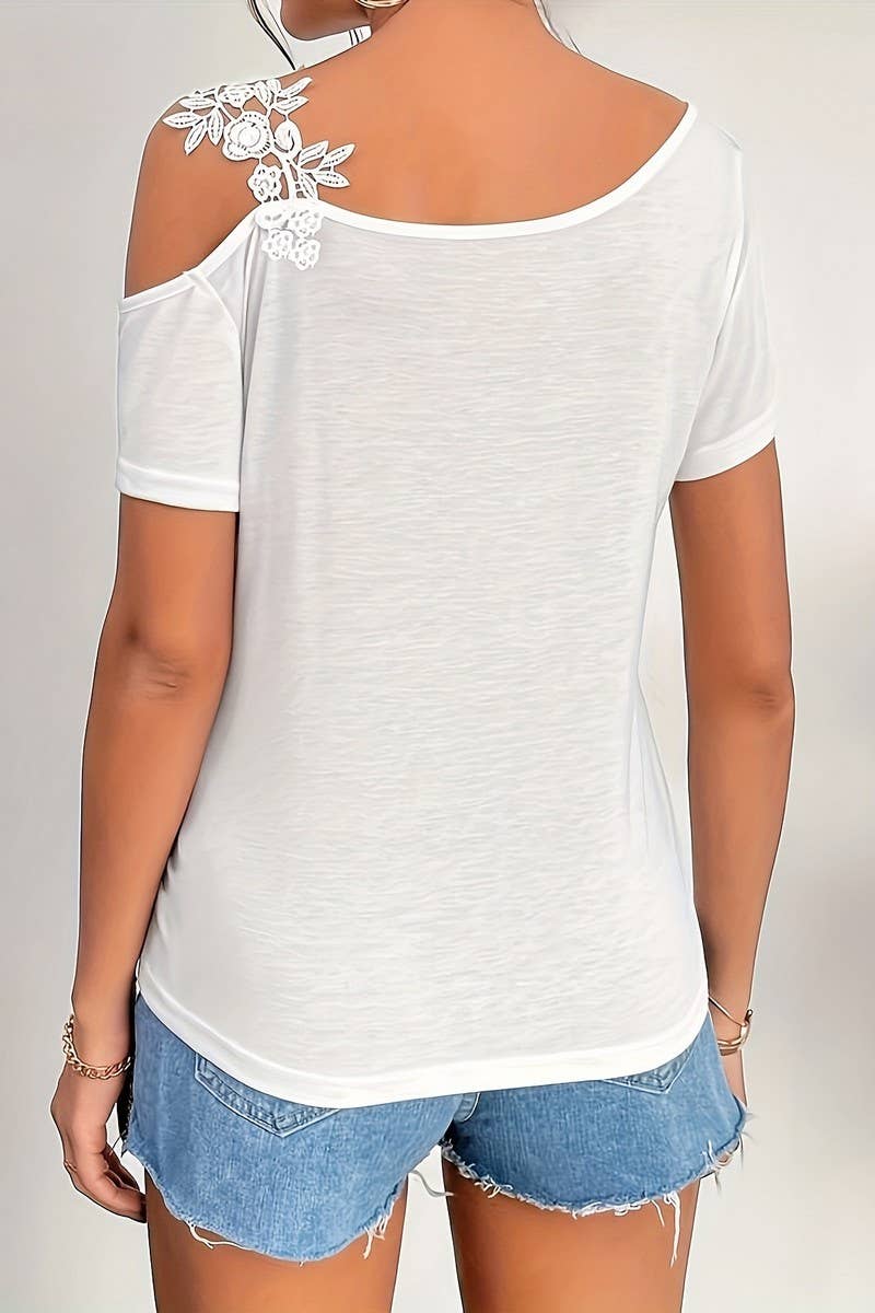 CWTBLS1538_SOLID COLOR STITCHING LACE SHORT-SLEEVED TOP