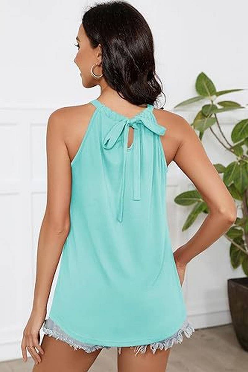 CWTBLSL0909_CASUAL SOLID RUCHED TIE NECK SLEEVELESS TOP