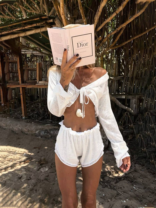 Cardigan lace-up shorts long-sleeved suit