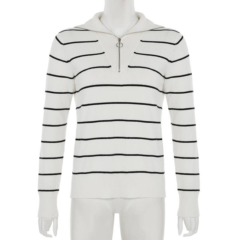 BLACK AND WHITE STRIPED ZIP-UP LAPEL SWEATER