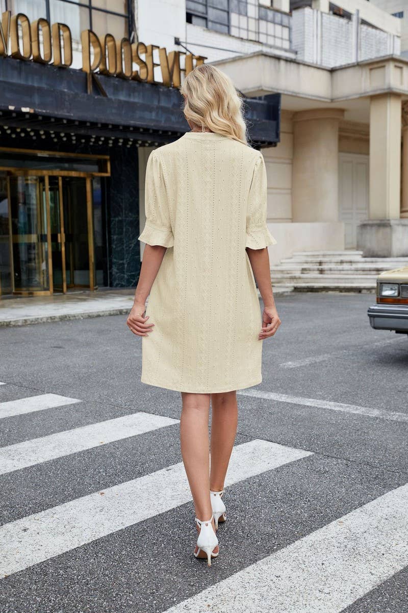 CWDSD7277_V-NECK CASUAL TRUMPET SLEEVE SHORT-SLEEVED DRESS