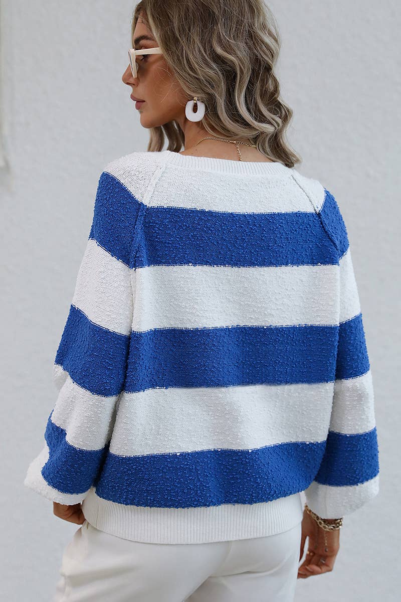 CWOSWL615 Off Shoulder Striped Neck Pullover Sweater