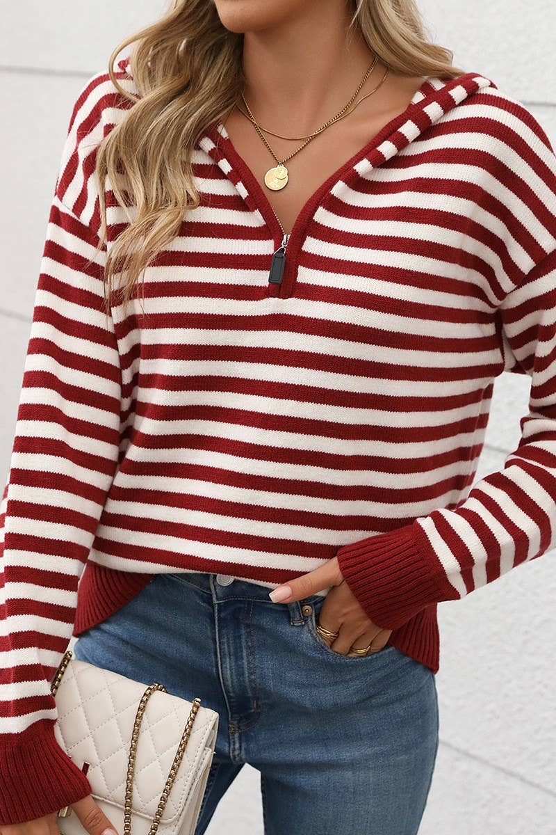 CWOHOL1107_V-NECK STRIPED PULLOVER HOODIE