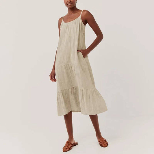 Crepe cotton casual solid color mid-length dress