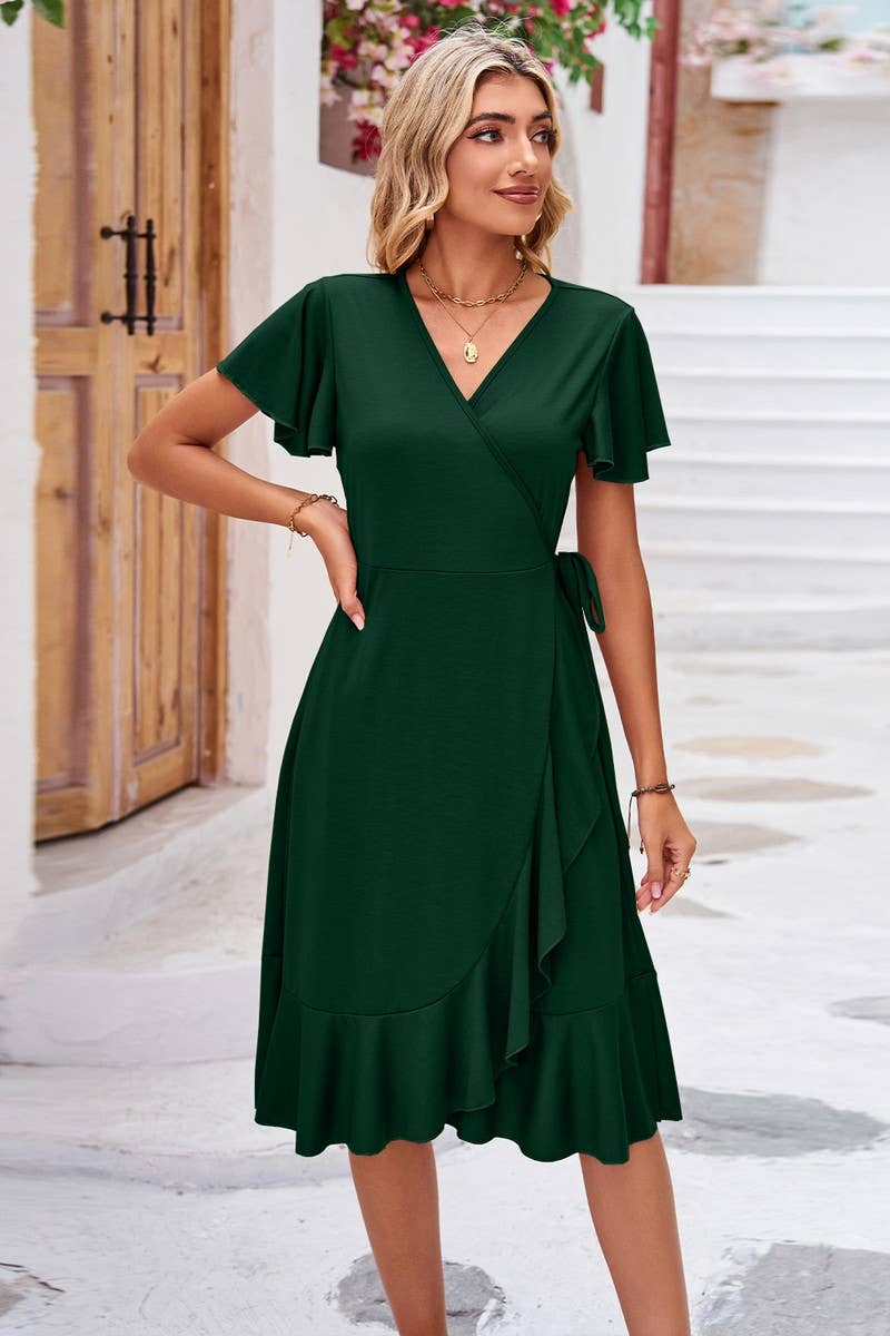 CWDSD2546_Deep V-Neck Wrap Short Sleeve Dresses