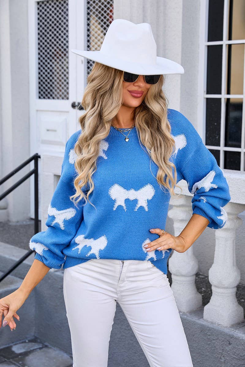 CWOSWL3071_ROUND NECK LONG SLEEVE BOW KNIT SWEATER