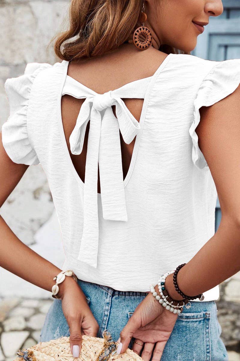 CWTBLSL0696_SOLID COLOR ROUND NECK RUFFLE BOW VEST TOP