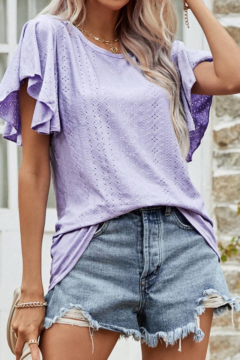 CWTBLS0359_Round neck Ruffle Sleeve Blouse