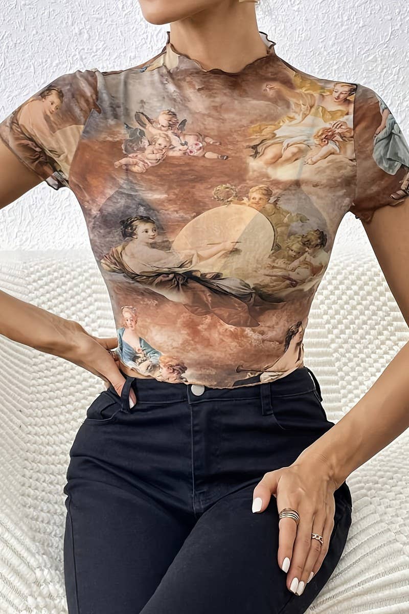 CWTBLS1534_MESH PRINTED RUFFLED SHORT SLEEVE T-SHIRT TOP