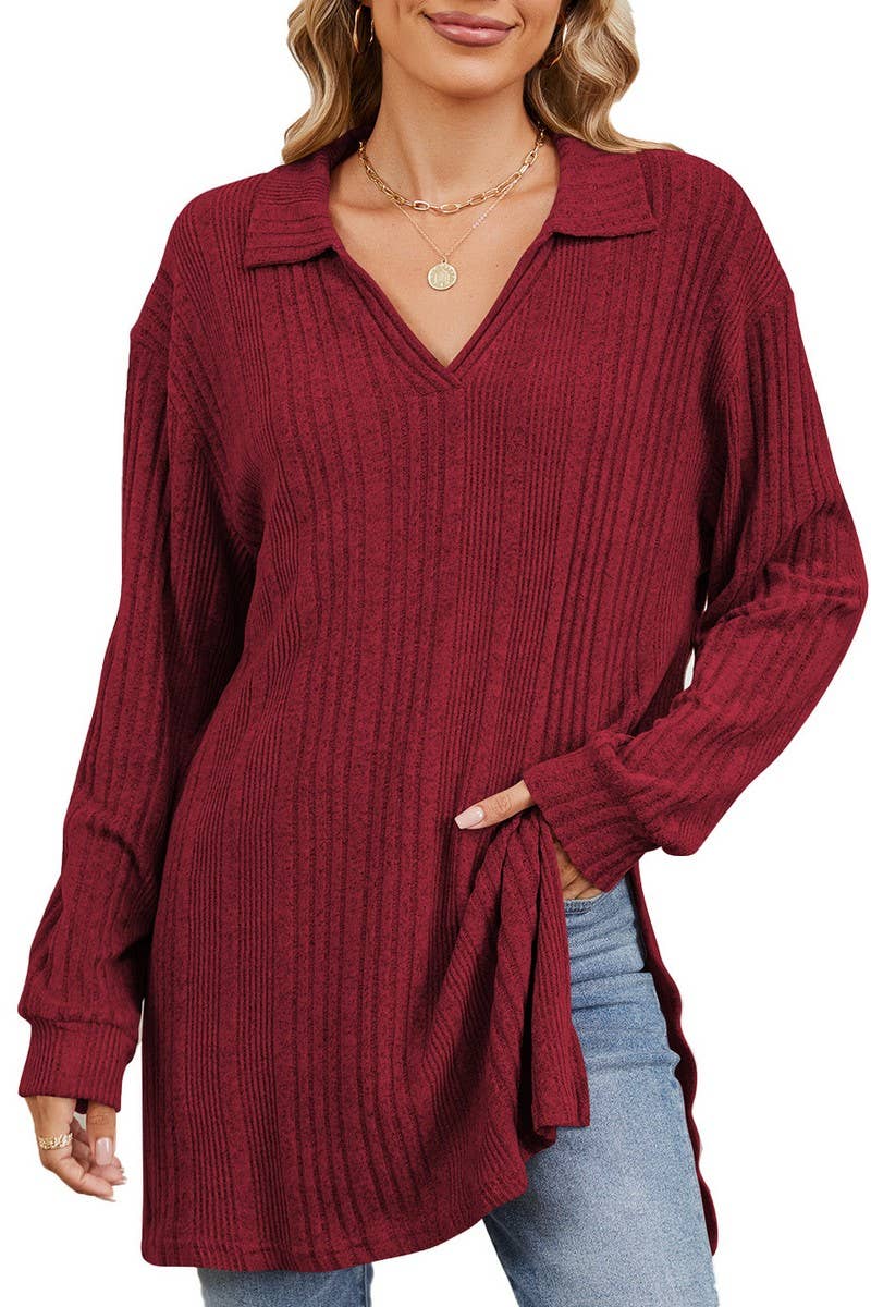 CWTBLL2351_SOLID COLOR V-NECK LONG SLEEVE SLIT T-SHIRT TOP