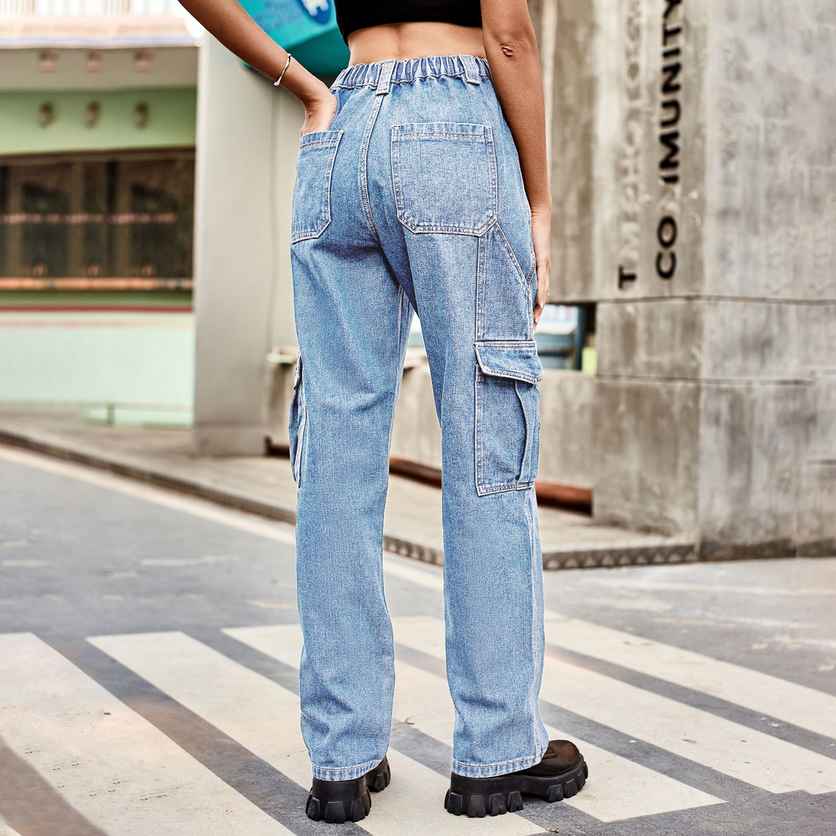 Casual Cargo Jeans ??Washed Half Elastic Waist_CWJP0626