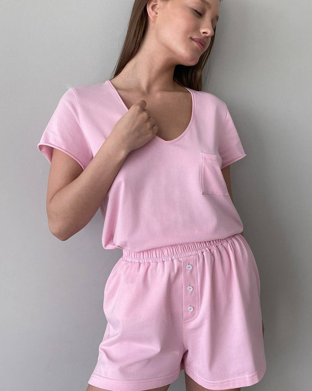 Comfortable home pocket V-neck T-shirt set