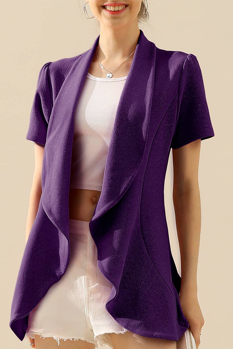 CWOBL095_Short Sleeve Open Front Draped Ruffles Blouses