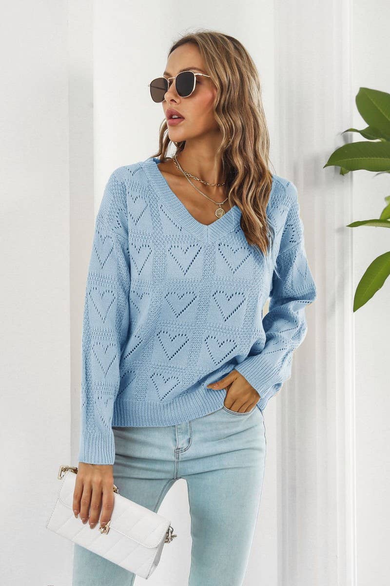 CWOSWL3968_V-NECK HOLLOW HEART PLAID KNITTED SWEATER
