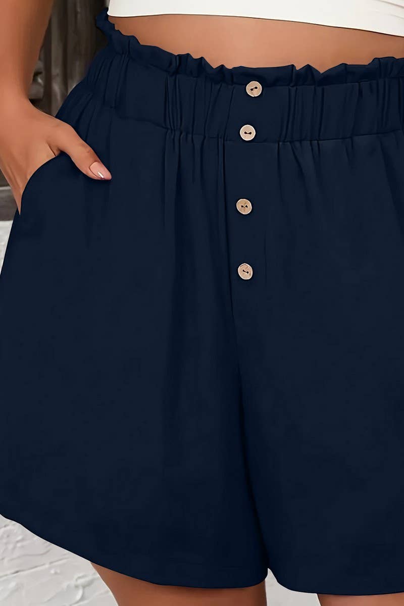 CWBSP0561_SOLID ELASTIC WAIST BUTTON CASUAL SHORTS