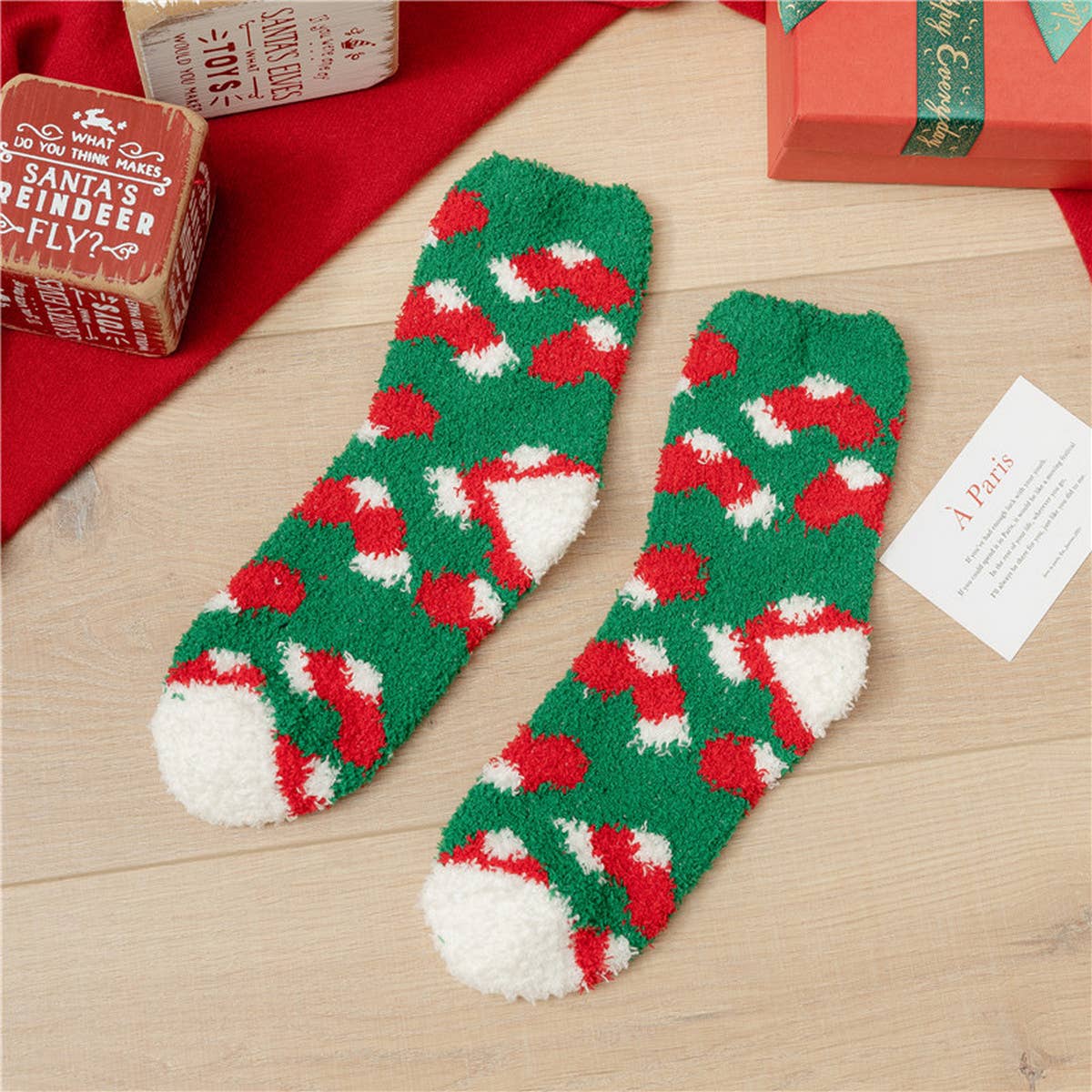 SANTA CLAUS ELK CORAL VELVET SOCKS