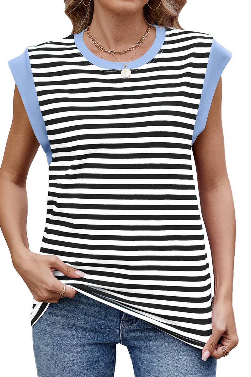 CWTTSL0320_SUMMER STRIPED ROUND NECK SHORT SLEEVE T-SHIRT