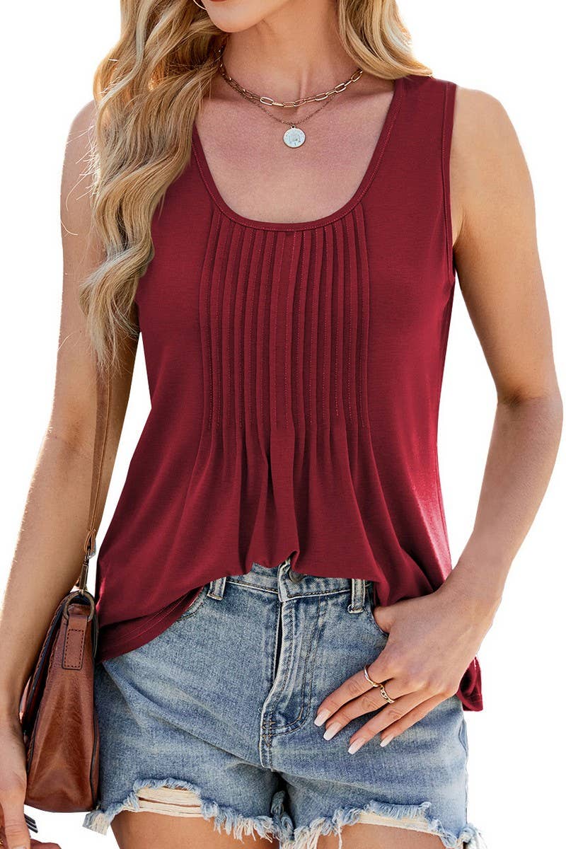 CWTTK1182_SOLID VERTICAL PLEATED CREW NECK LOOSE TANK TOP