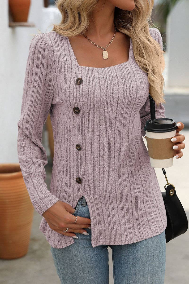 CWOSWL6829_SQUARE NECK BRUSHED SOLID COLOR LONG SLEEVE TOP