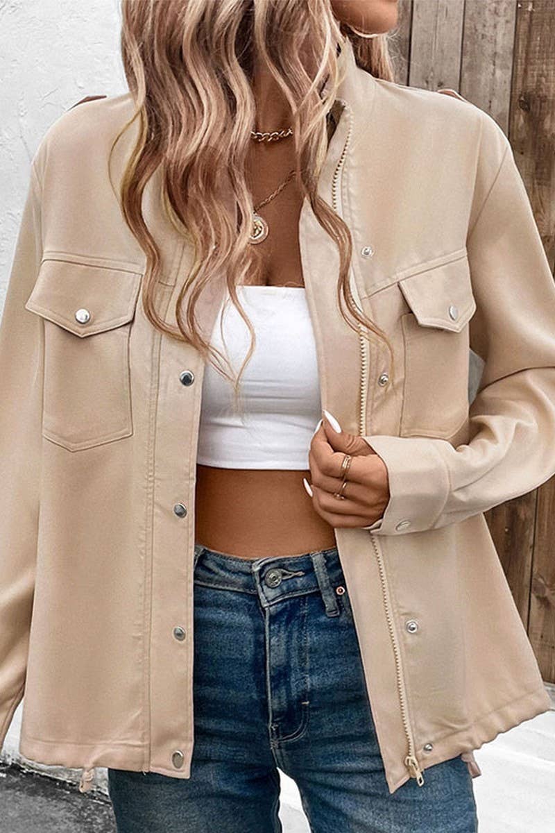 CWOJA1722_WOMEN'S CASUAL STAND COLLAR SOLID COLOR JACKET