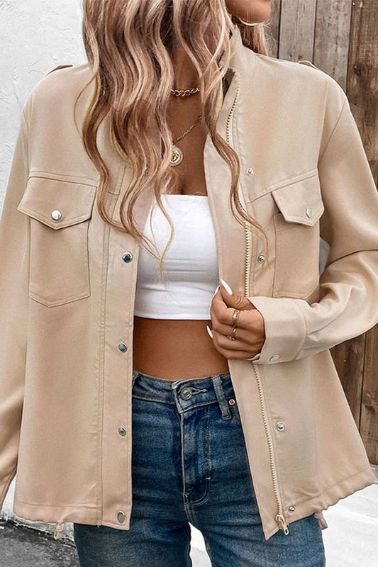 CWOJA1722_WOMEN'S CASUAL STAND COLLAR SOLID COLOR JACKET